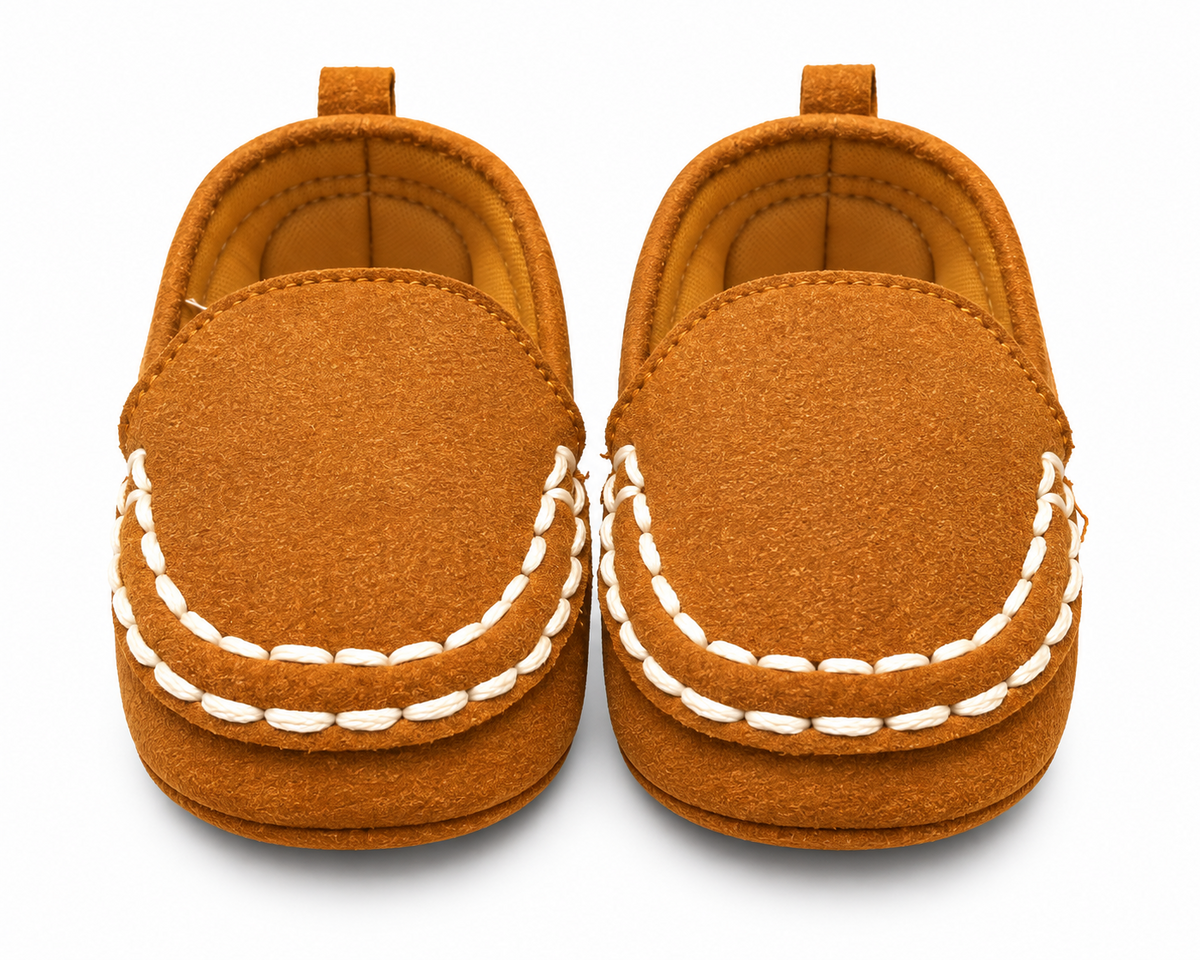 Cognac Brown Baby Loafers with White Stitching