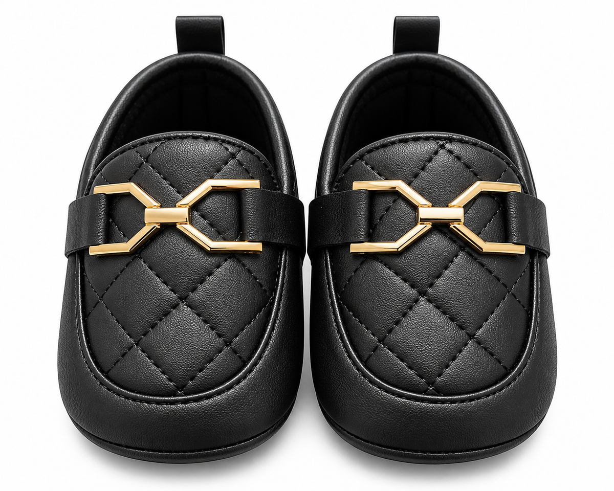 Quilted Black Baby Loafers with Gold Detail