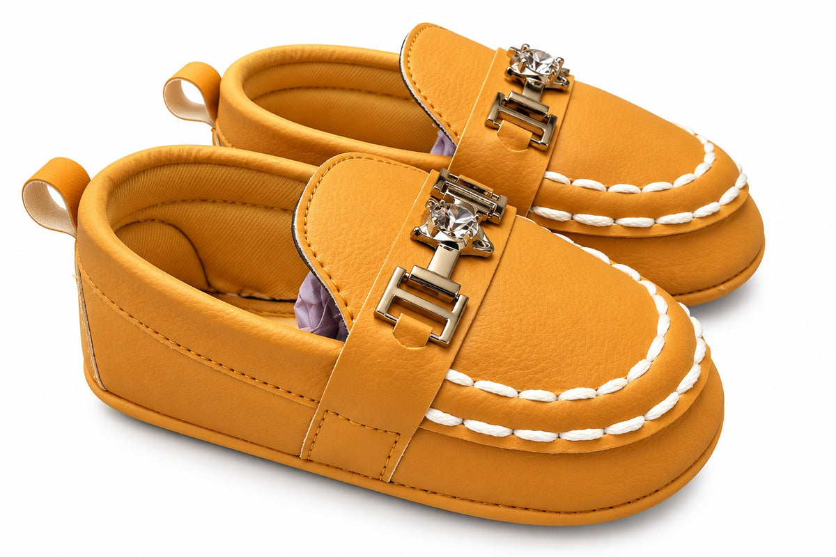 Mustard Yellow Baby Loafers with Gold Buckle
