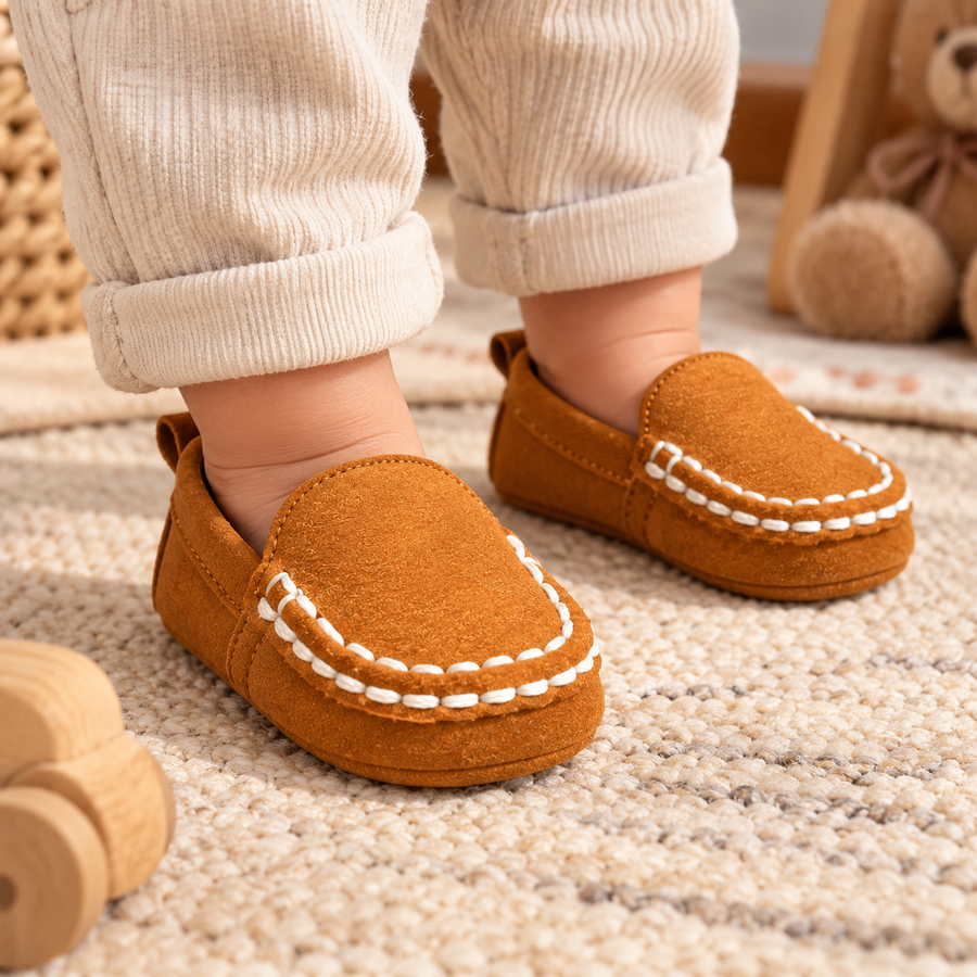 Cognac Brown Baby Loafers with White Stitching
