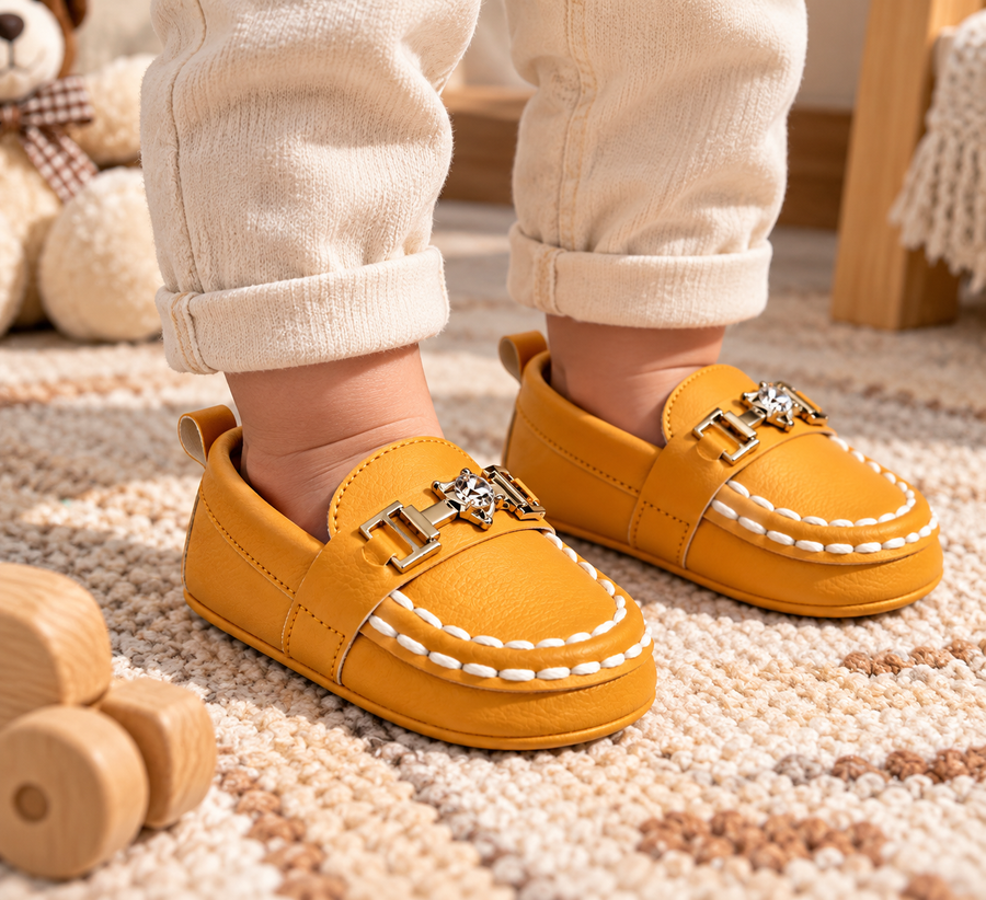 Mustard Yellow Baby Loafers with Gold Buckle
