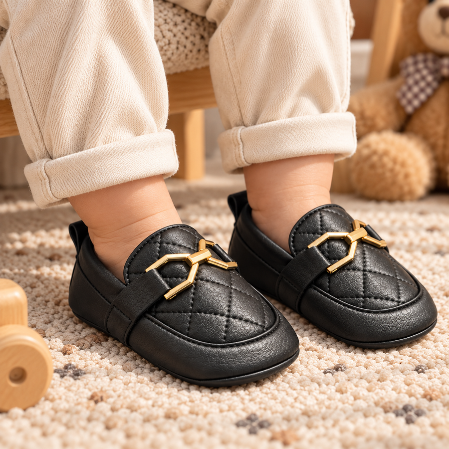 Quilted Black Baby Loafers with Gold Detail
