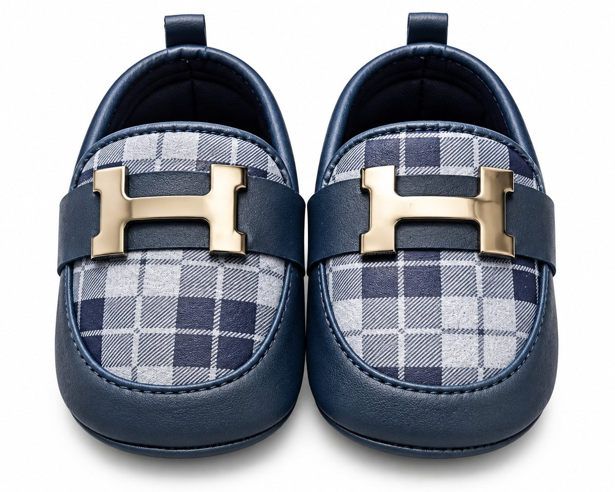 Navy Blue Plaid Baby Loafers with Gold Buckle