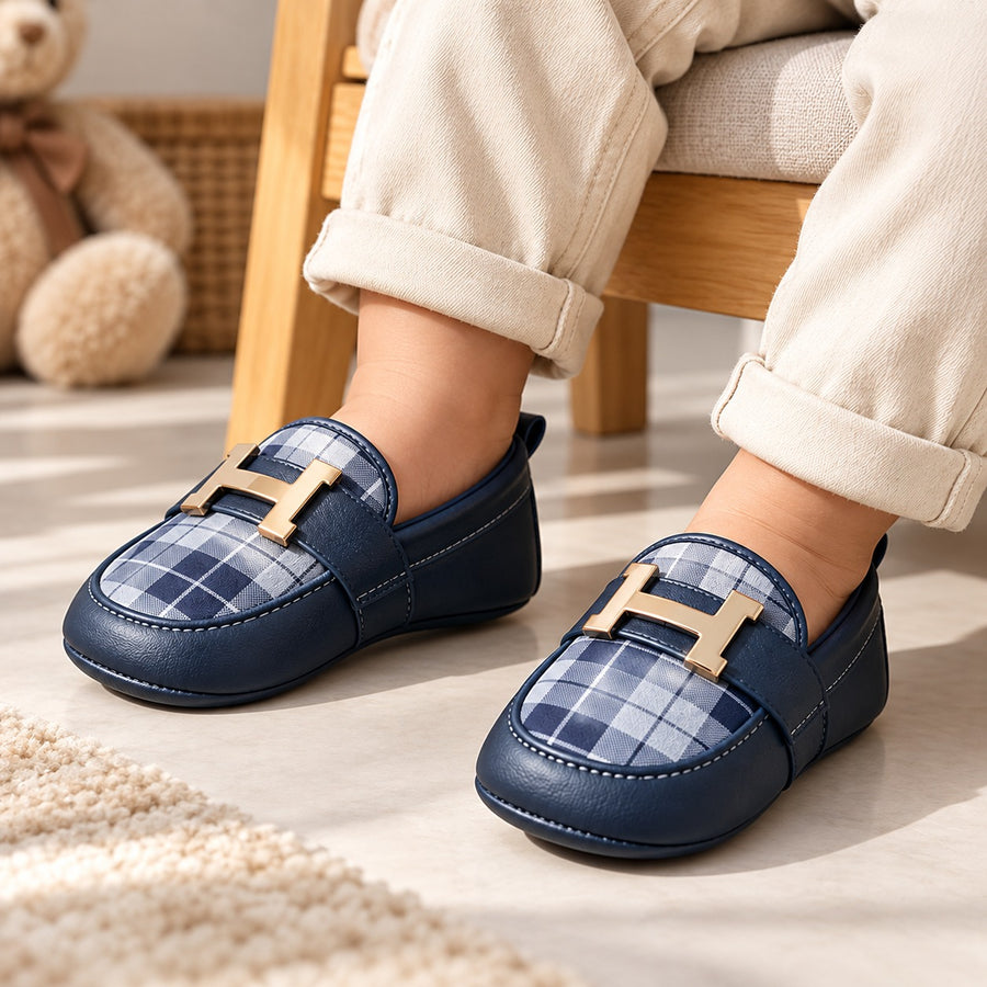 Navy Blue Plaid Baby Loafers with Gold Buckle